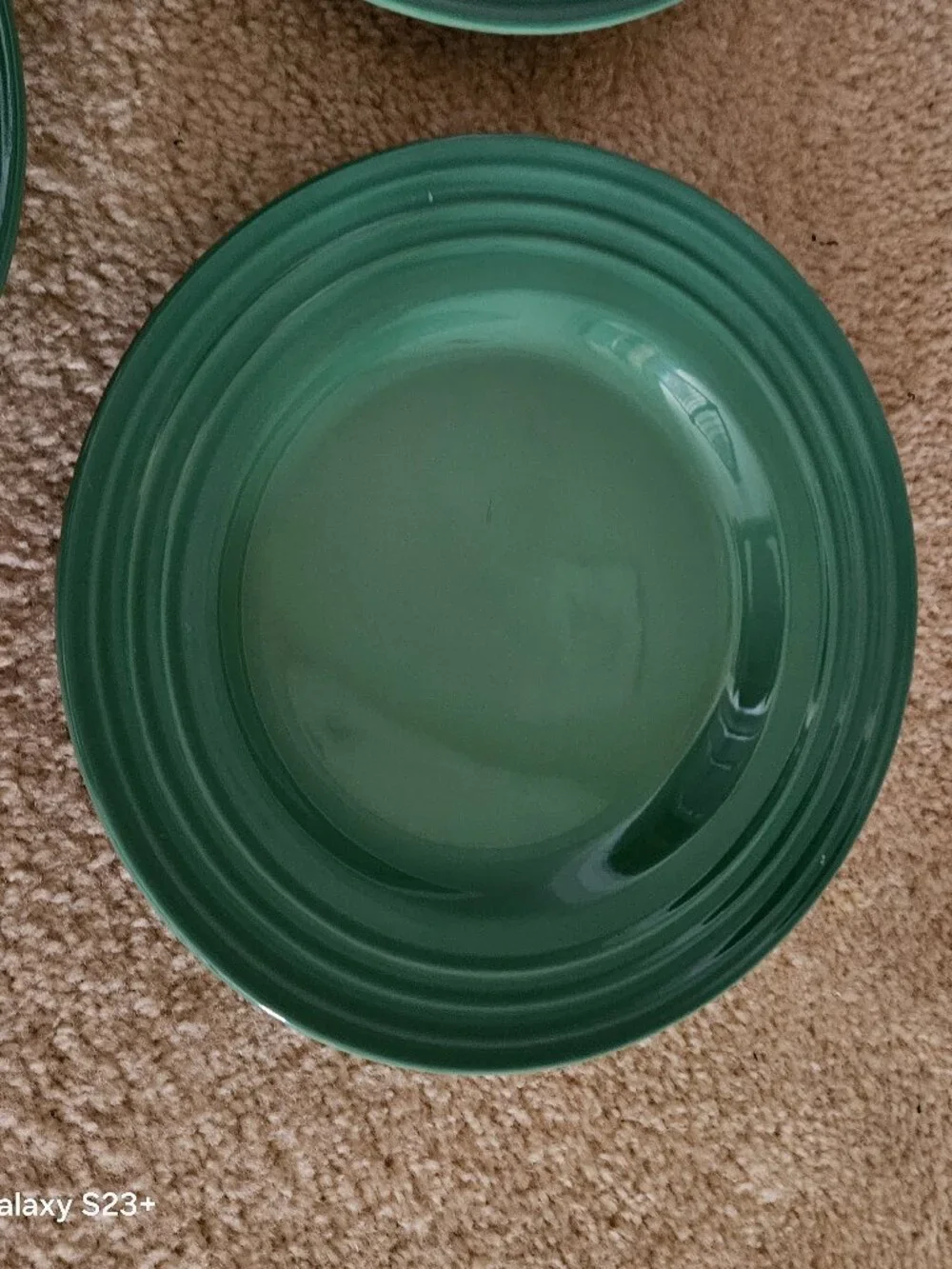 3 RARE LE CREUSET STONEWARE SUMMER GREEN RIMMED PASTA SOUP SALAD BOWL DISH PLATE